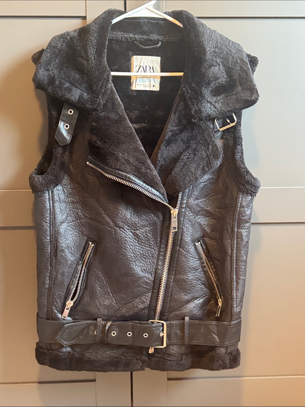 Zara Black Faux Leather Shearling Moto Vest with Belt